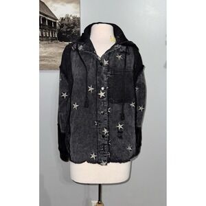 R2 denim and fleece patchwork black distressed jacket embroidered stars small